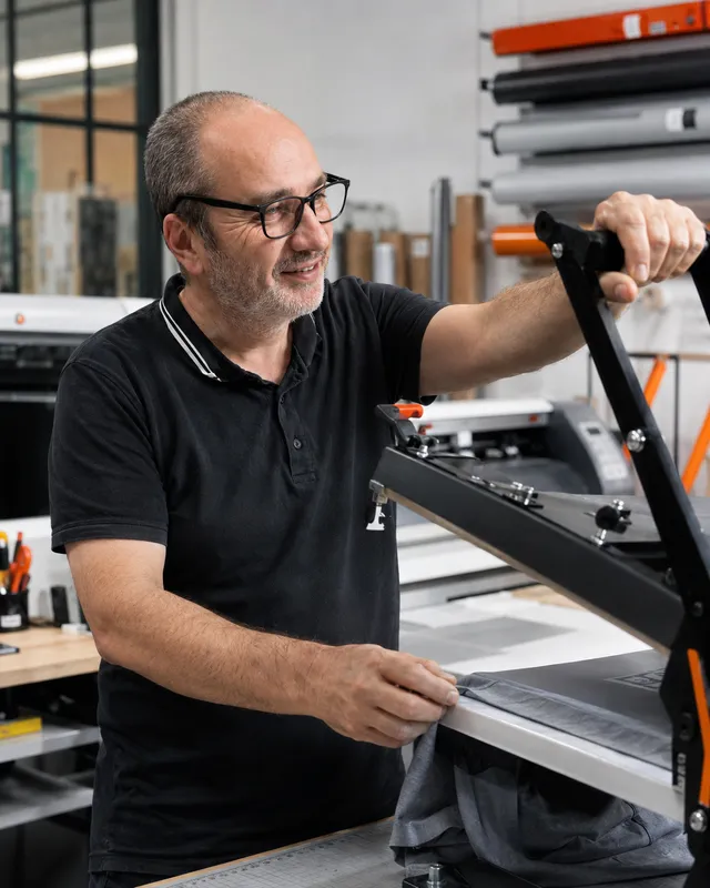 Gilles Mignard à l'atelier, en train de floquer un vêtement